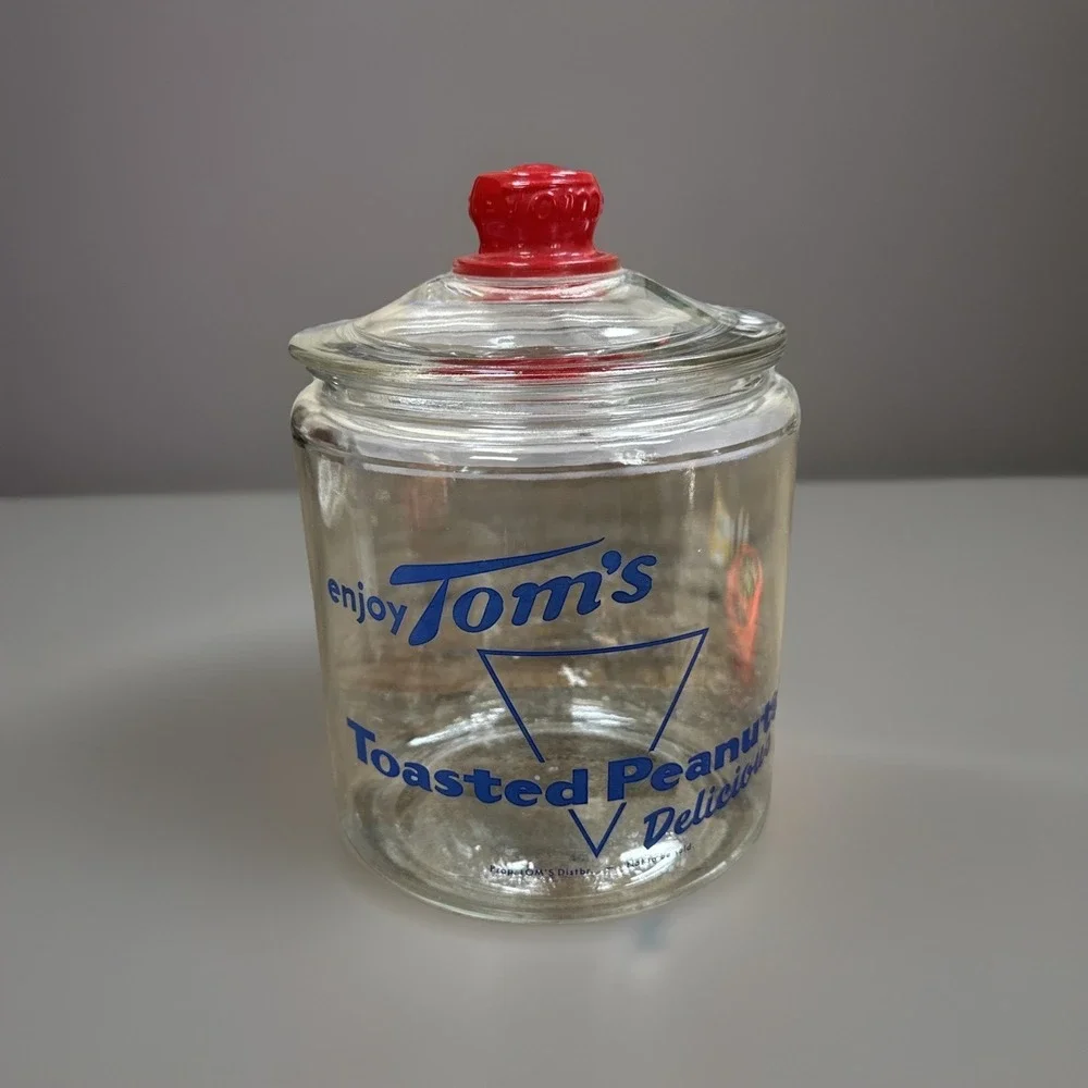 VTG Tom's Toasted Peanuts Advertising Glass Jar Embossed Lid 8